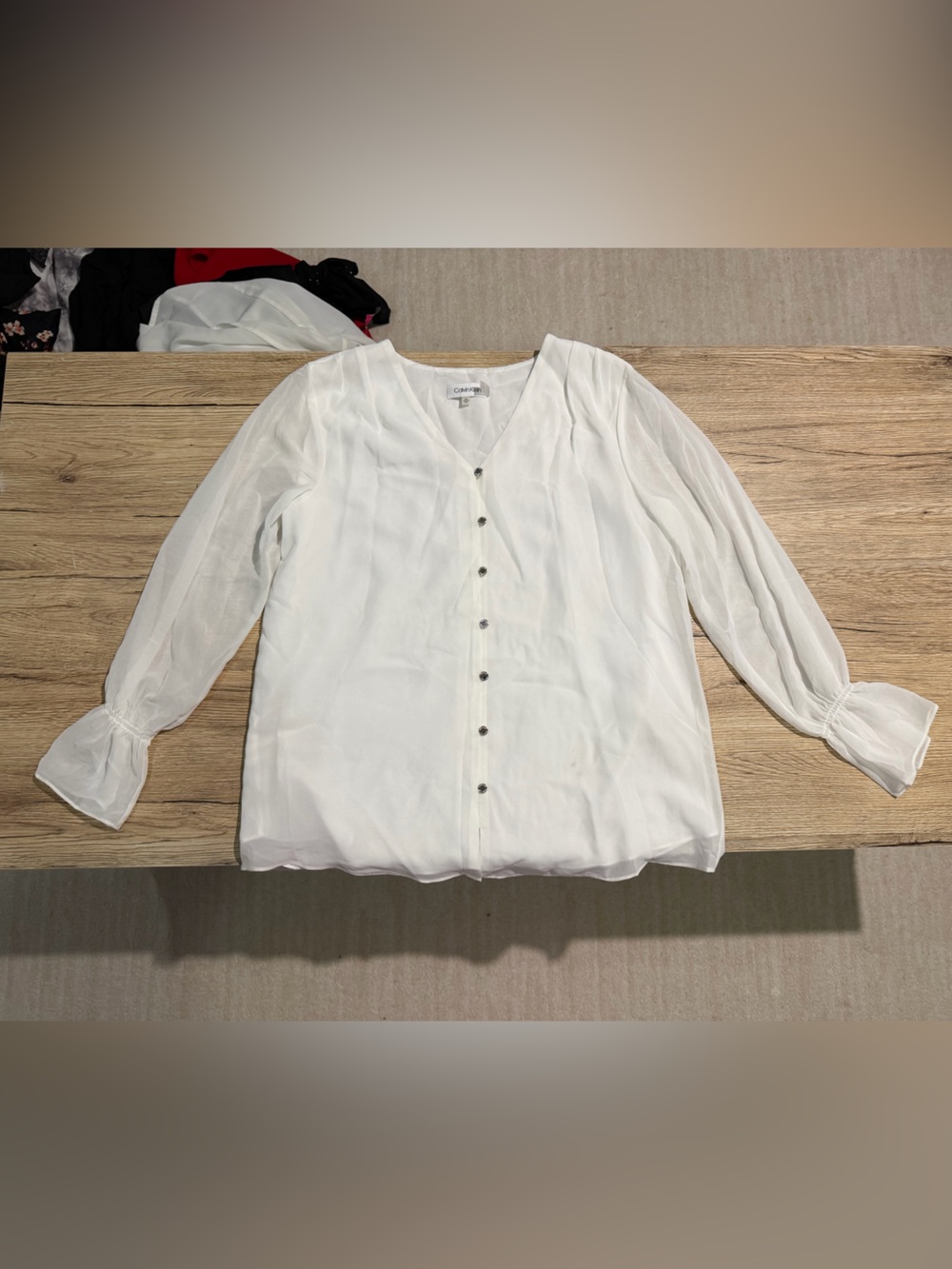 Calvin Klein White V-Neck Button Blouse